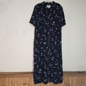 Christopher & Banks Maxi Dress Women 16W Navy Floral Button Front 100% Rayon